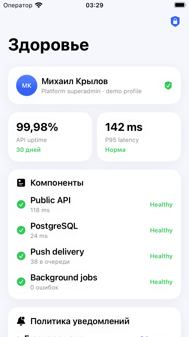 Здоровье системы в GoGifty Platform Admin